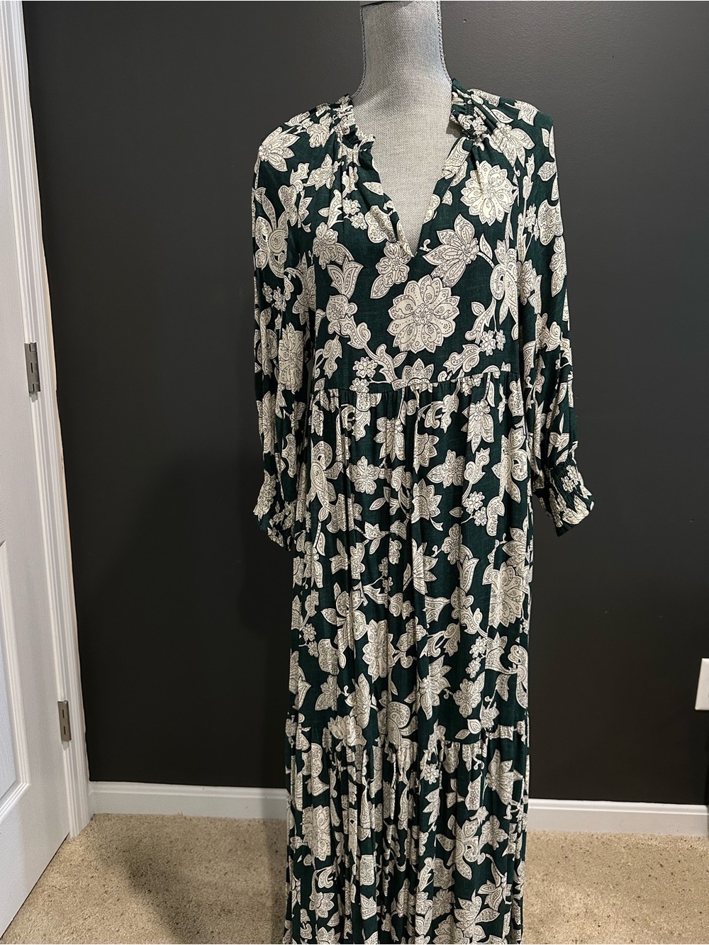 Zara Dark Green Maxi Dress with Cream Floral Print